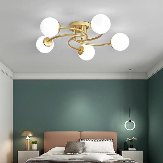 5-Light Glass Globe Swirled Metal LED Modern Flush Mount Ceiling Light