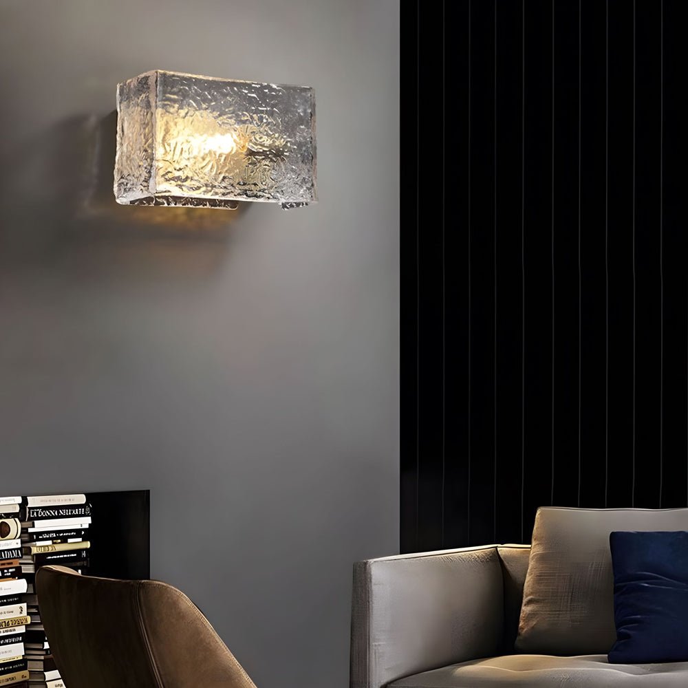 Elegant Rectangular Ripple Glass Bedside Wall Lamp – Modern Brass Fixture