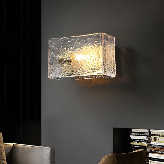 Elegant Rectangular Ripple Glass Bedside Wall Lamp – Modern Brass Fixture