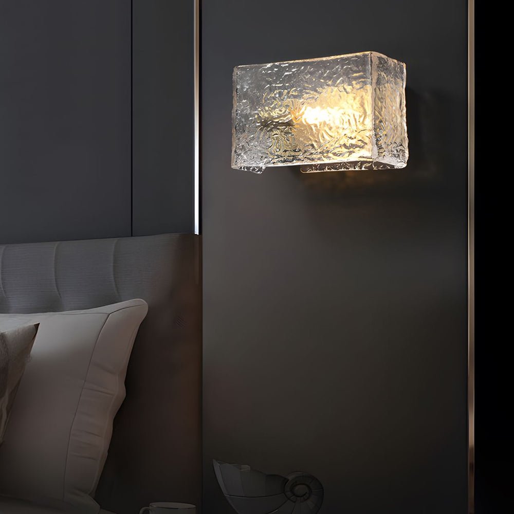 Elegant Rectangular Ripple Glass Bedside Wall Lamp – Modern Brass Fixture
