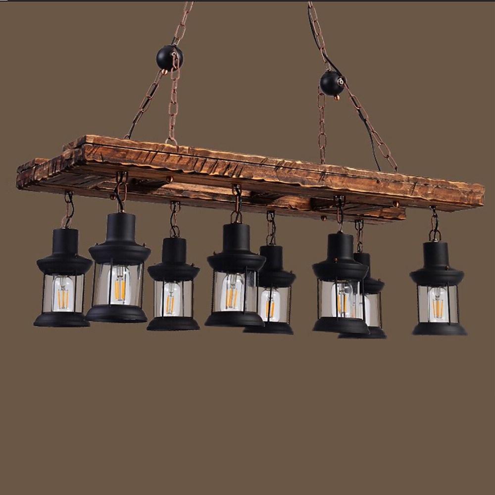 8 Light Vintage Rustic Wooden Chandelier Lantern LED Farmhouse Hanging Lamp