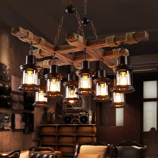 Vintage Wood and Glass LED Farmhouse Pendant Chandelier with 8 Lights