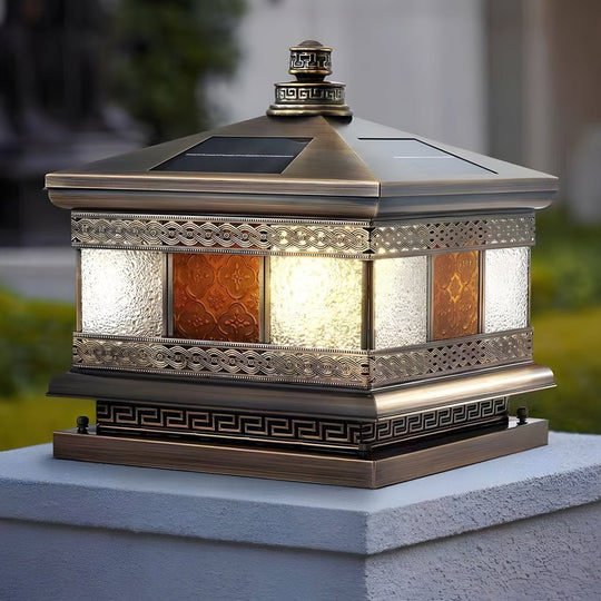 European Square Hardwired/Solar Copper Outdoor Column Light with Glass Shade Bronze