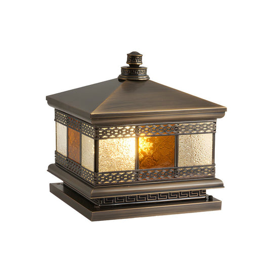 European Square Hardwired/Solar Copper Outdoor Column Light with Glass Shade Bronze
