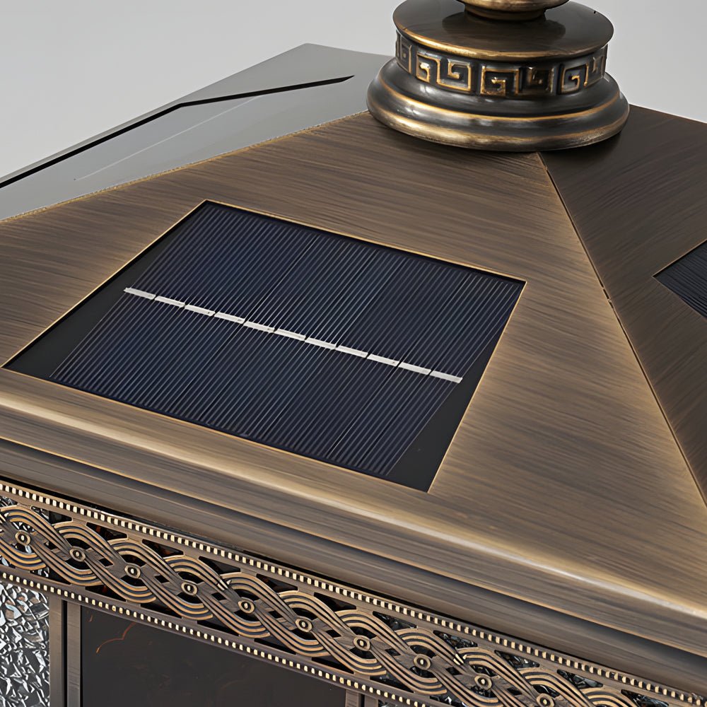 European Square Hardwired/Solar Copper Outdoor Column Light with Glass Shade Bronze
