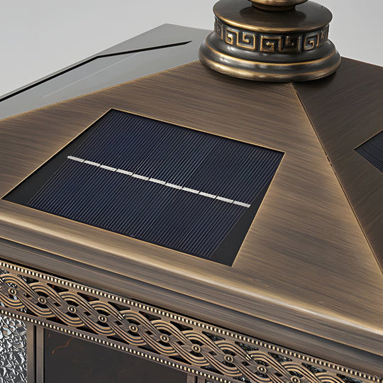 European Square Hardwired/Solar Copper Outdoor Column Light with Glass Shade Bronze