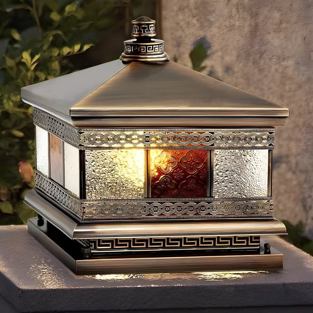 European Square Hardwired/Solar Copper Outdoor Column Light with Glass Shade Bronze