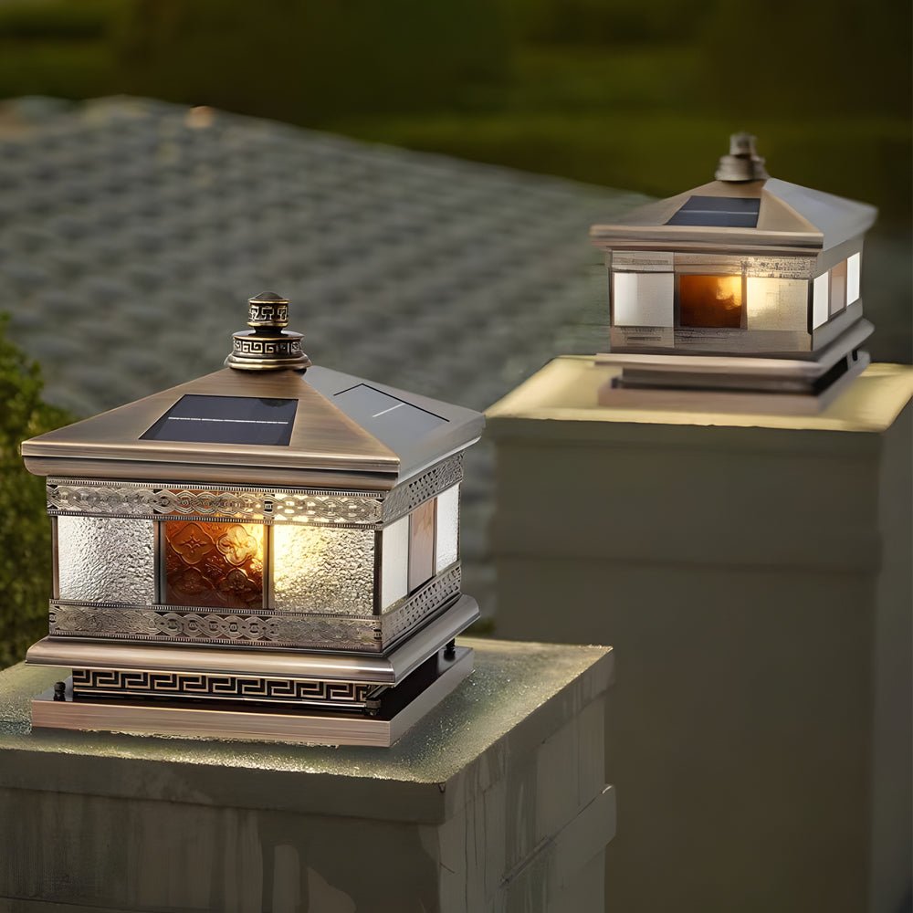 European Square Hardwired/Solar Copper Outdoor Column Light with Glass Shade Bronze