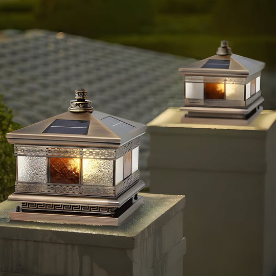 European Square Hardwired/Solar Copper Outdoor Column Light with Glass Shade Bronze