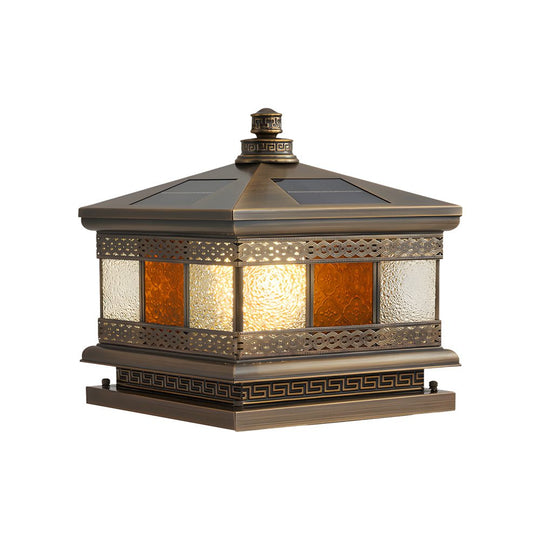 European Square Hardwired/Solar Copper Outdoor Column Light with Glass Shade Bronze