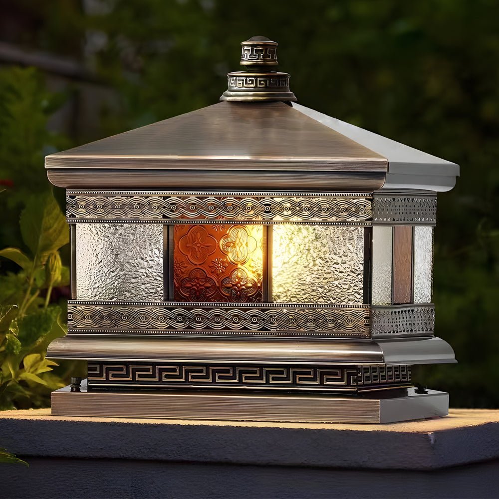 European Square Hardwired/Solar Copper Outdoor Column Light with Glass Shade Bronze