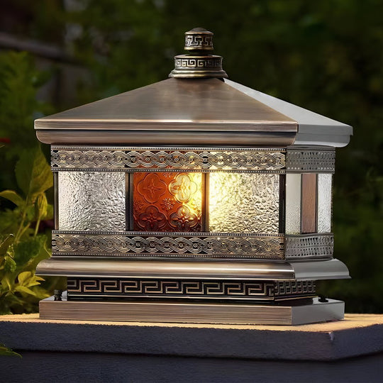 European Square Hardwired/Solar Copper Outdoor Column Light with Glass Shade Bronze