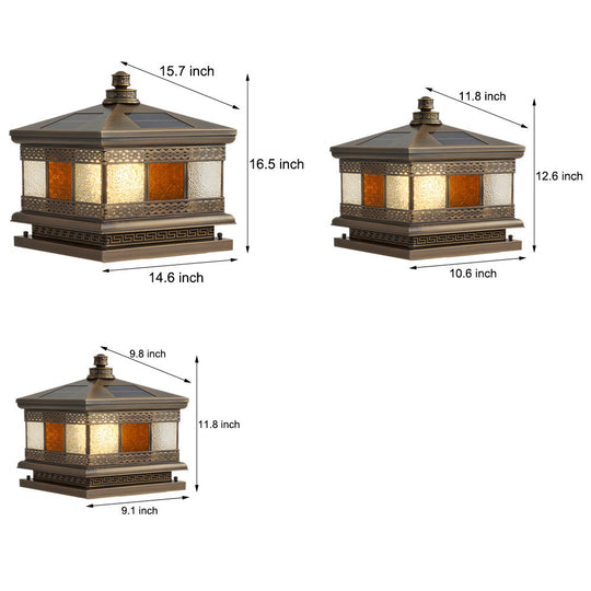 European Square Hardwired/Solar Copper Outdoor Column Light with Glass Shade Bronze