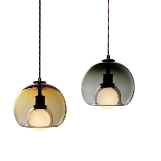 LED Double Glass Pendant Light Semi Globe Glass Pendant Ceiling Light Metal