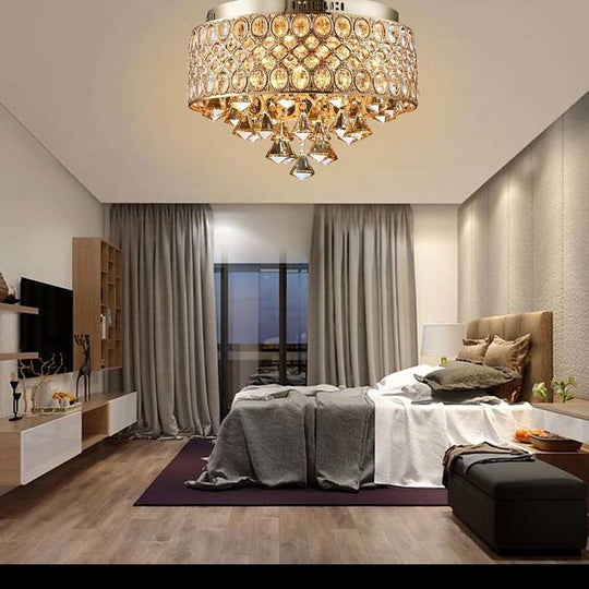 4-Light Drum Shaped Crystal Metal Modern Flush Mount Chandelier