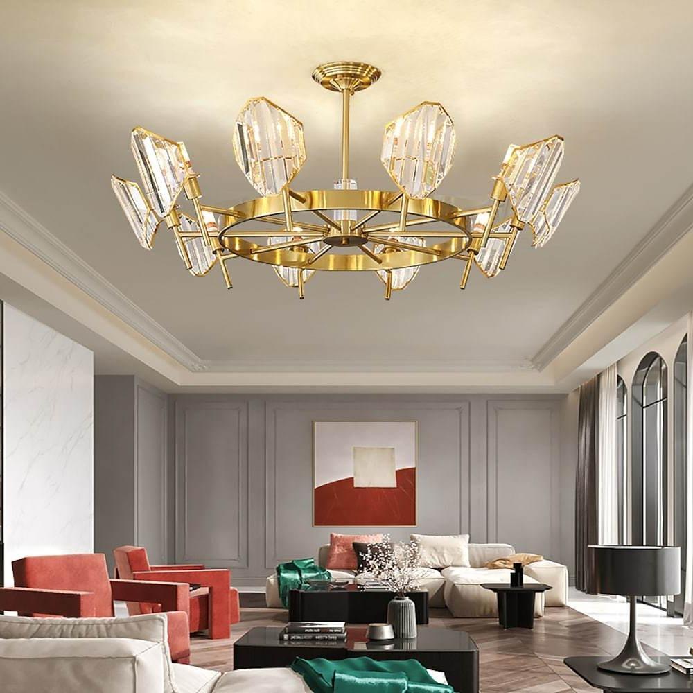 Brass Ring Frame Crystal LED Chandelier – Gold Metal with Crystal Accents