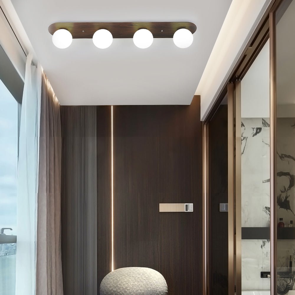 Flush Mounted Walnut Board Ceiling Light with 2 3 4 Milky White Glass Globes