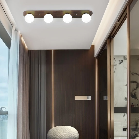 Flush Mounted Walnut Board Ceiling Light with 2 3 4 Milky White Glass Globes