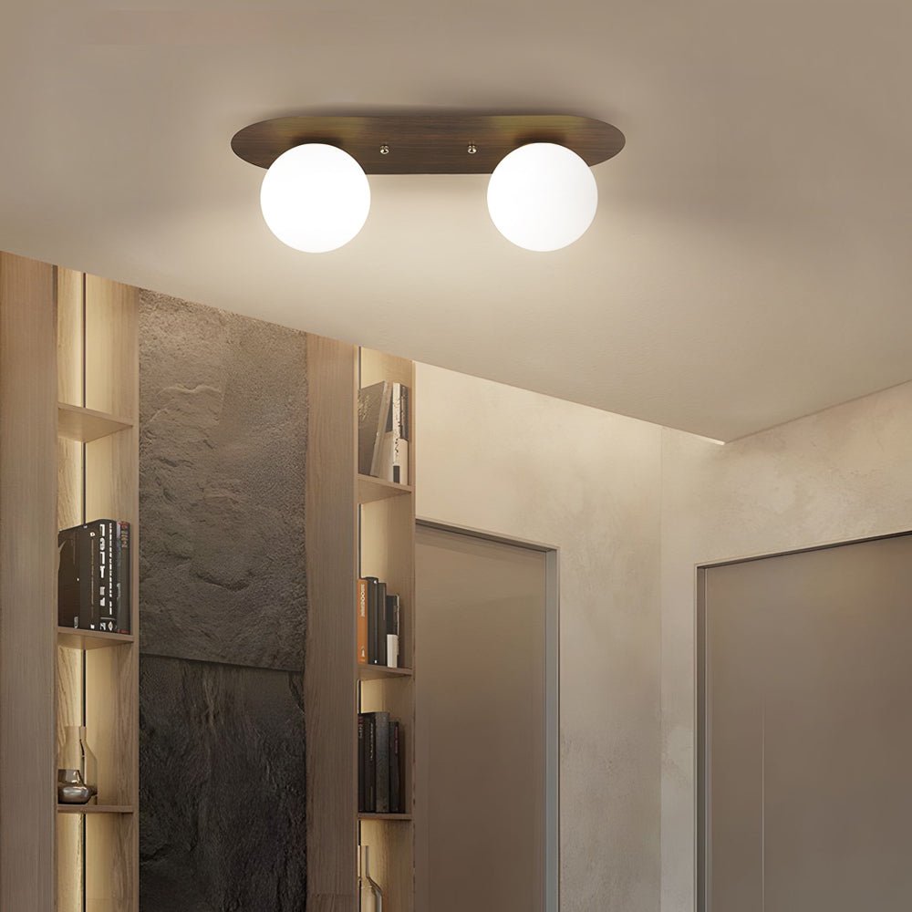 Flush Mounted Walnut Board Ceiling Light with 2 3 4 Milky White Glass Globes