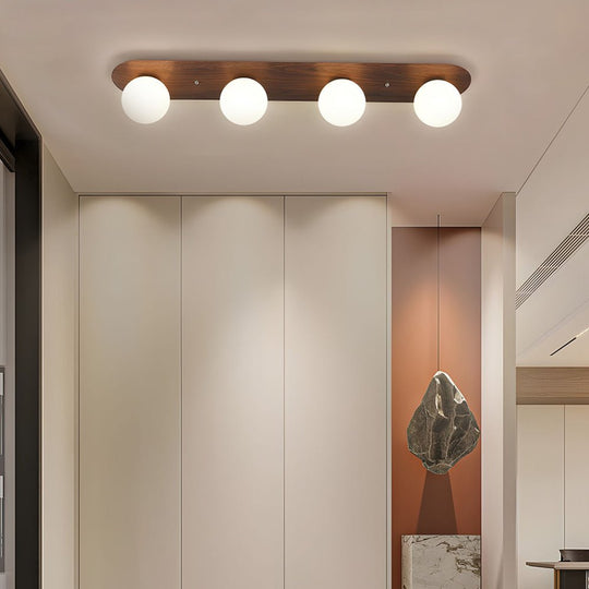Flush Mounted Walnut Board Ceiling Light with 2 3 4 Milky White Glass Globes