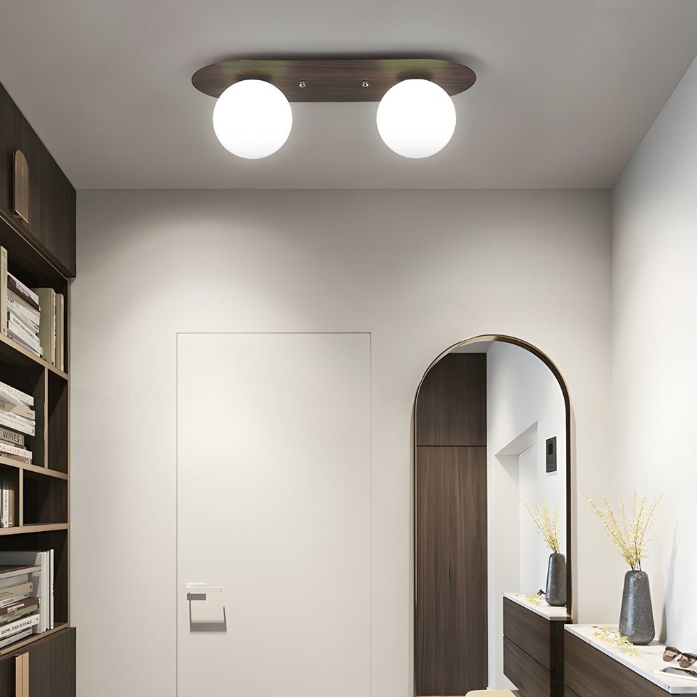 Flush Mounted Walnut Board Ceiling Light with 2 3 4 Milky White Glass Globes