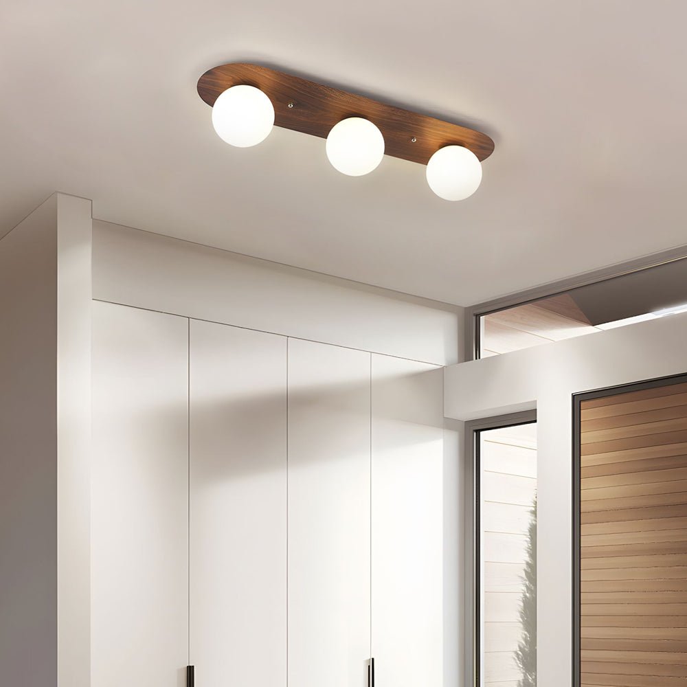 Flush Mounted Walnut Board Ceiling Light with 2 3 4 Milky White Glass Globes