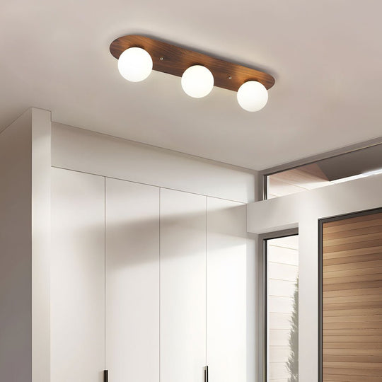 Flush Mounted Walnut Board Ceiling Light with 2 3 4 Milky White Glass Globes