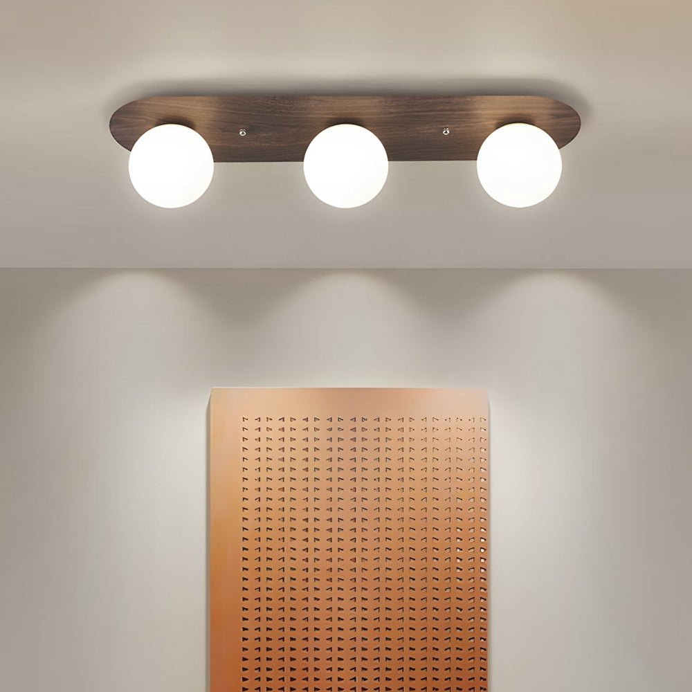 Flush Mounted Walnut Board Ceiling Light with 2 3 4 Milky White Glass Globes