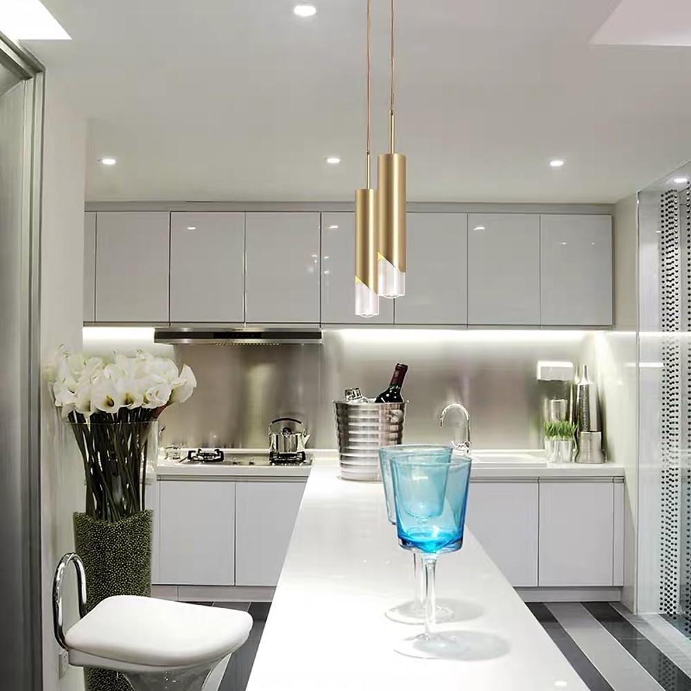 Elongated Slender Cylinder Modern Gold Crystal Column Pendant Light