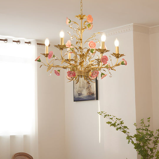 Ceramic Roses Light French Luxury Ceramic Pink Roses Chandelier – 6/8-Light Candlelight El ...