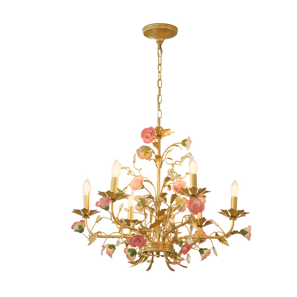 French Luxury Ceramic Pink Roses Chandelier – 6/8-Light Candlelight Elegance