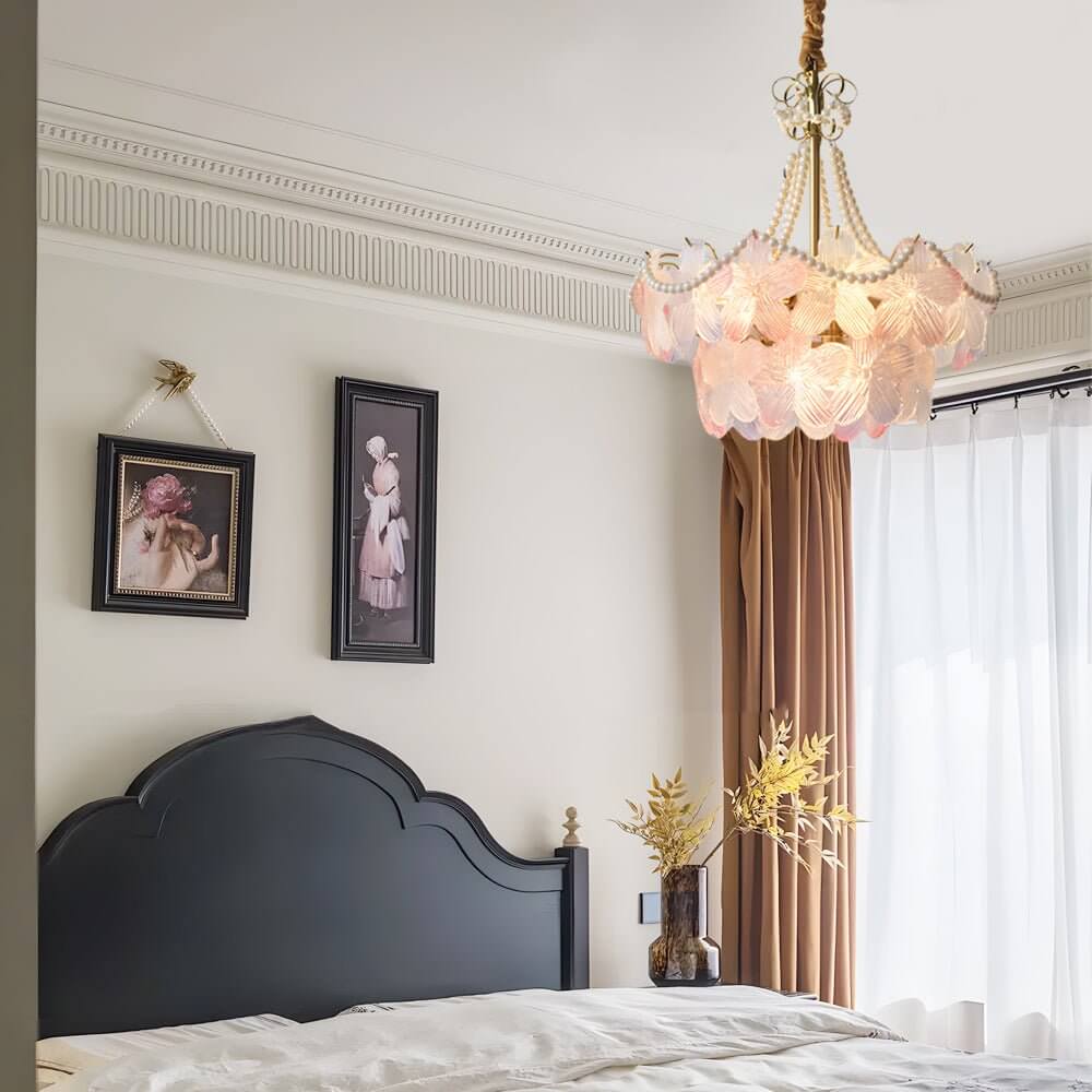 French Tiered Pearl Flower Chandelier – 4 or 9 Lights