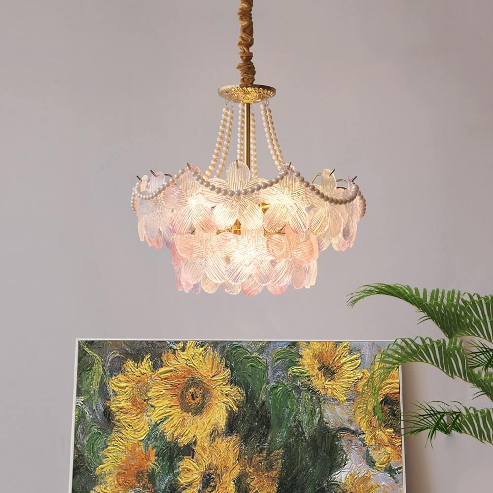 French Tiered Pearl Flower Chandelier – 4 or 9 Lights