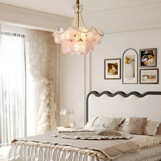 French Tiered Pearl Flower Chandelier – 4 or 9 Lights