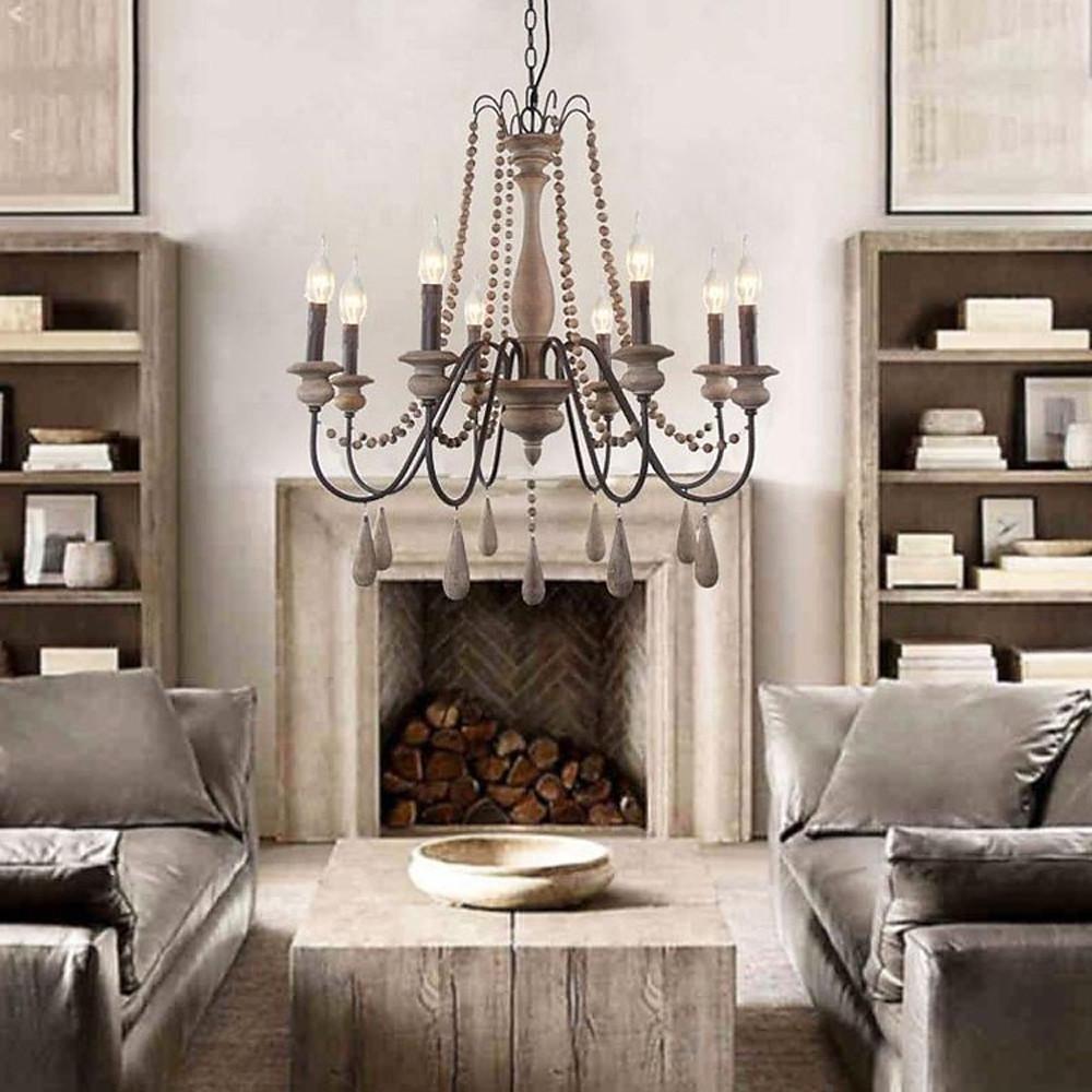 Rustic Farmhouse Wood Bead Chandelier with Teardrops Candle Style Lights