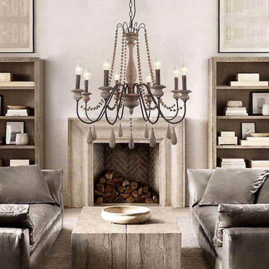 Rustic Farmhouse Wood Bead Chandelier with Teardrops Candle Style Lights