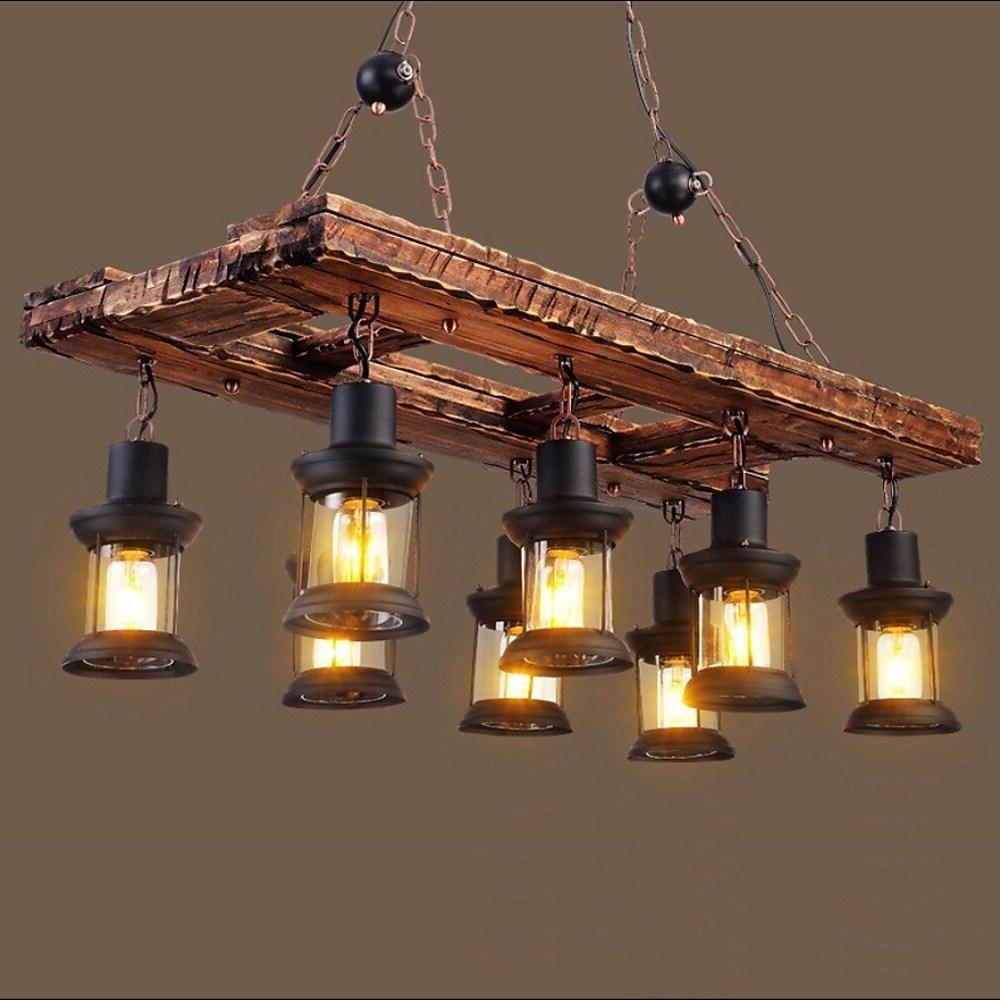 8 Light Vintage Rustic Wooden Chandelier Lantern LED Farmhouse Hanging Lamp