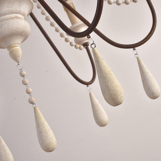 Rustic Farmhouse Wood Bead Chandelier with Teardrops Candle Style Lights