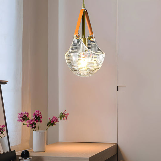 Glass Woven Texture Bag Pendant Lamp with Leather and Copper Accents