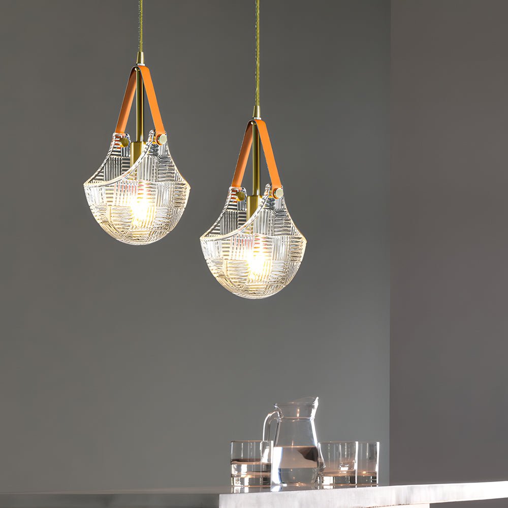Glass Woven Texture Bag Pendant Lamp with Leather and Copper Accents