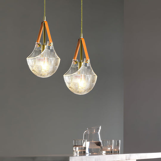Glass Woven Texture Bag Pendant Lamp with Leather and Copper Accents