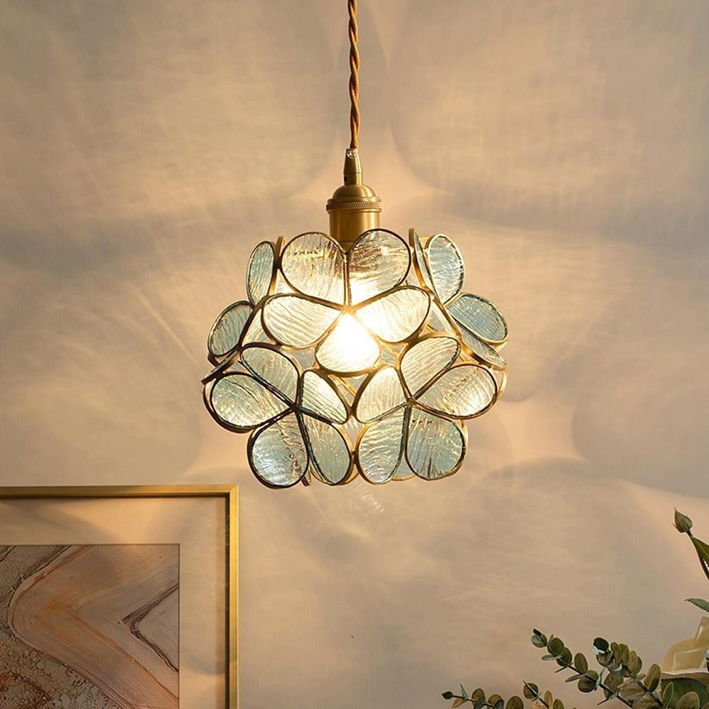 Flower Patterned Modern Glass Copper Pendant Light