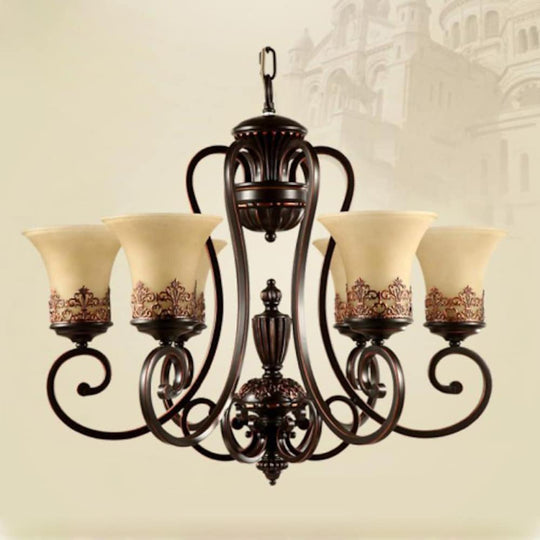 5-Light Bending Metal Bar Upside Down Glass Shade Vintage Chandelier Ceiling Light