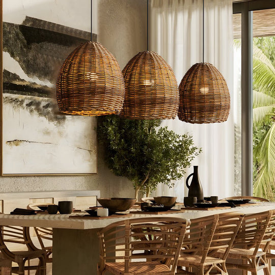 Handmade Leather Rattan Lampshade LED Wabi Sabi Japanese Style Chandelier