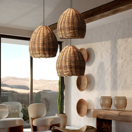 Handmade Leather Rattan Lampshade LED Wabi Sabi Japanese Style Chandelier