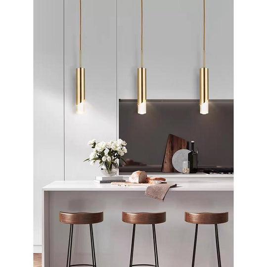 Elongated Slender Cylinder Modern Gold Crystal Column Pendant Light