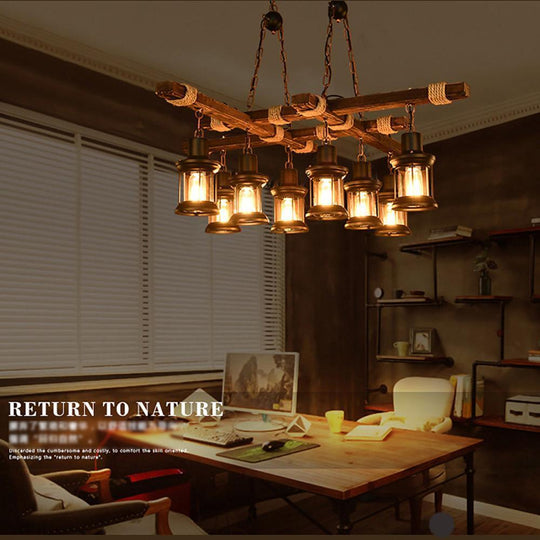 Vintage Wood and Glass LED Farmhouse Pendant Chandelier with 8 Lights