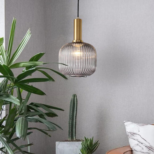 71" Ambient LED Ribbed Metal and Blown Glass Pendant Light