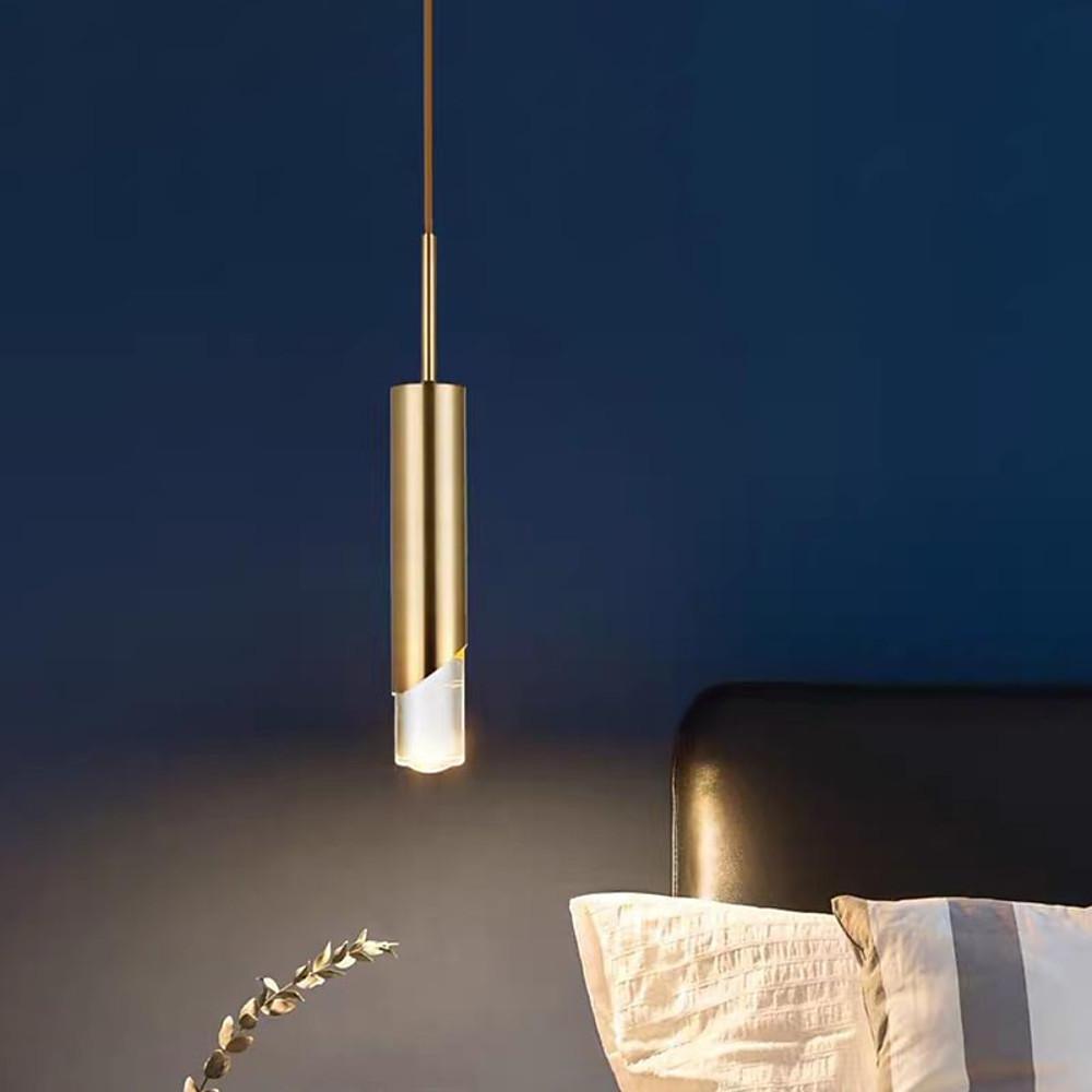 Elongated Slender Cylinder Modern Gold Crystal Column Pendant Light