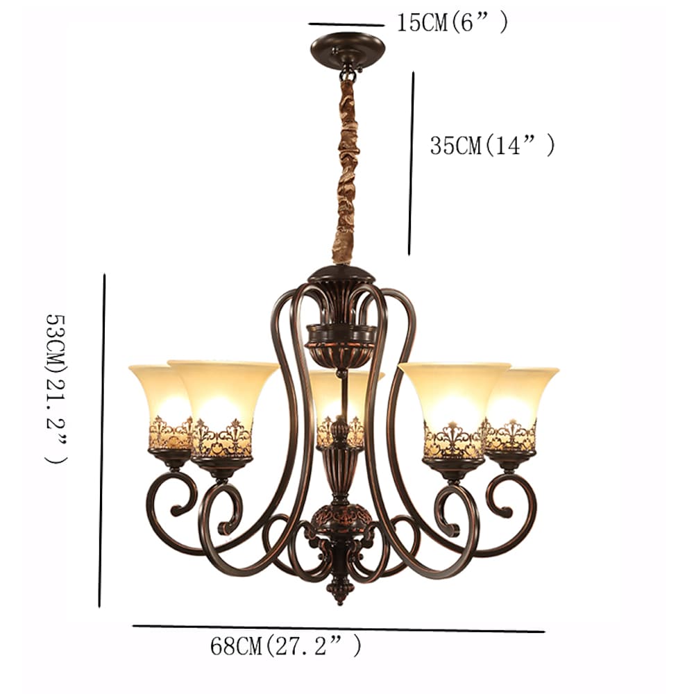 5-Light Bending Metal Bar Upside Down Glass Shade Vintage Chandelier Ceiling Light